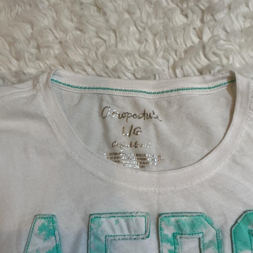 Aeropostale‎ Aero CA Graphic Tee White Turquoise Y2K Baby Tee Size L/G - Picture 2 of 3